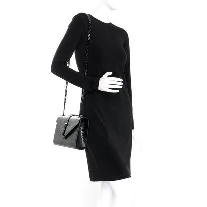 Saint Laurent Calfskin Crocodile Embossed Medium Monogram Envelope Chain Shoulder Bag Black 2 of 8
