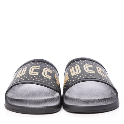 Gucci X SEGA Supreme Canvas GUCCY Stars Mens Slide Sandals 9 Black Gold 2 of 9