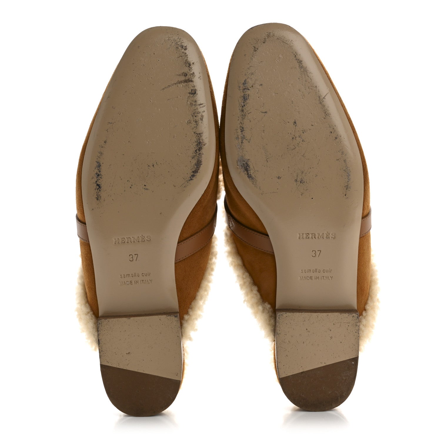Hermes Suede Goatskin Woolskin Womens Oz Mules 37 Naturel 6 of 10
