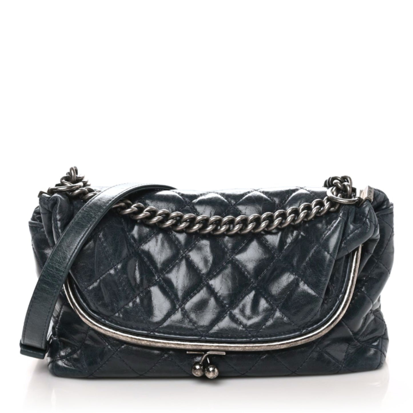 Glazed Calfskin Quilted Framed Shoulder Bag Blue