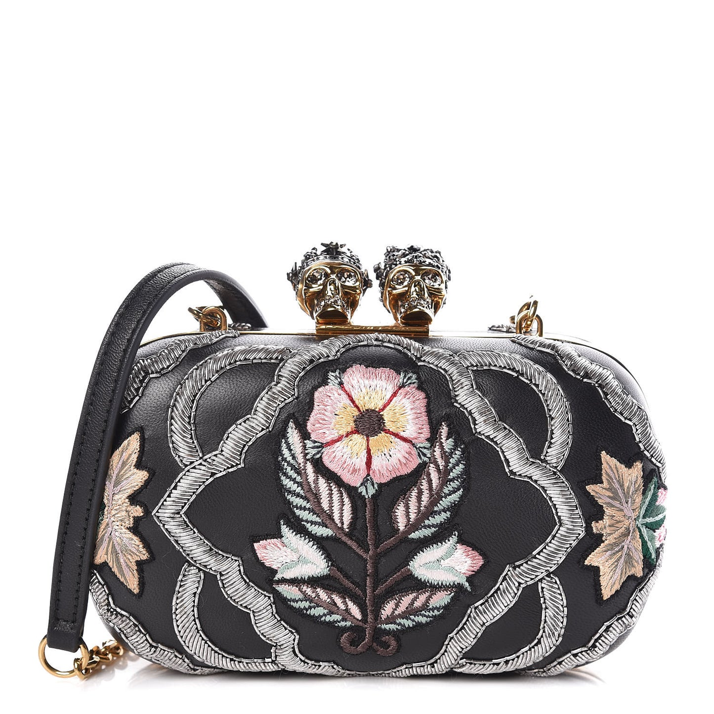 Nappa Embroidered Flower Queen and King Skull Box Chain Clutch Black Multicolor