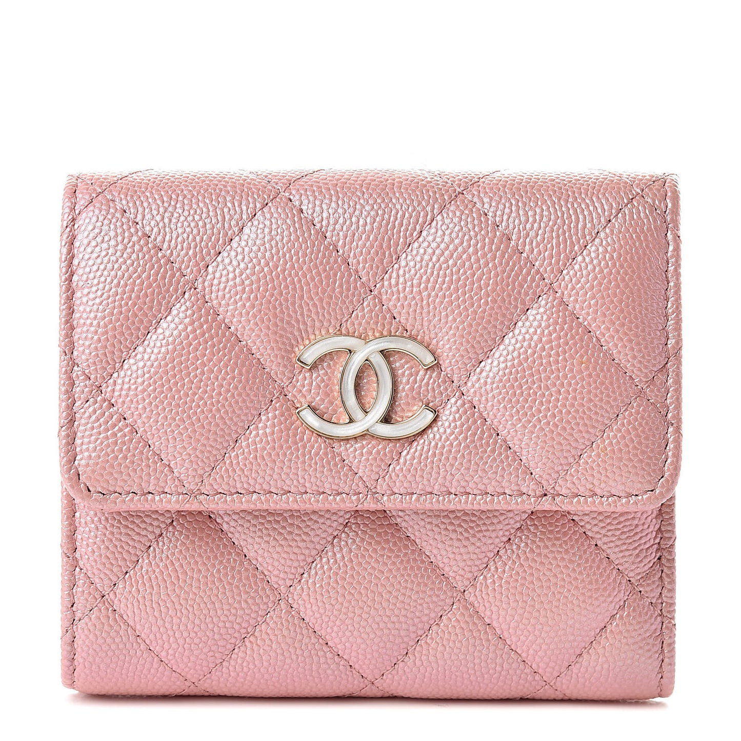 Iridescent Caviar Small Quilted Flap Wallet Rose Pink