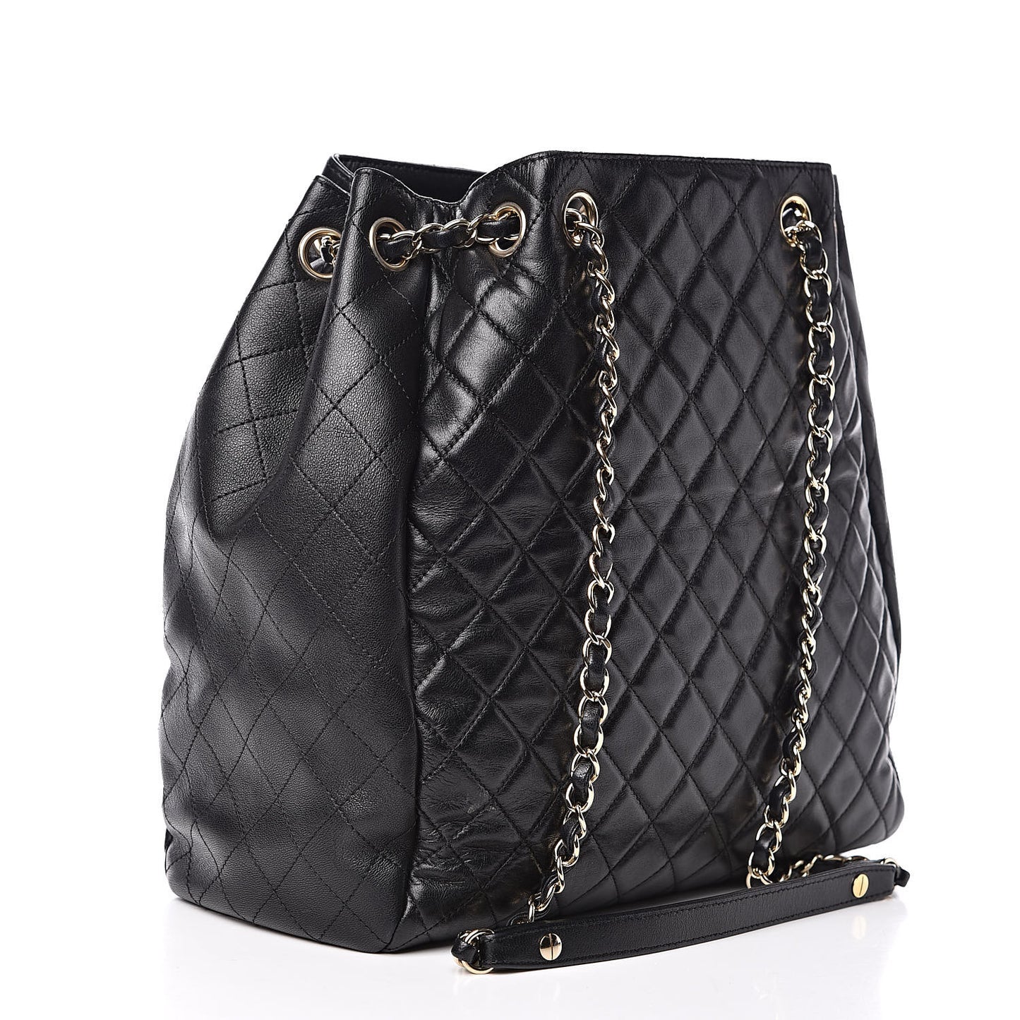 Lambskin Quilted Large Drawstring Bag Black