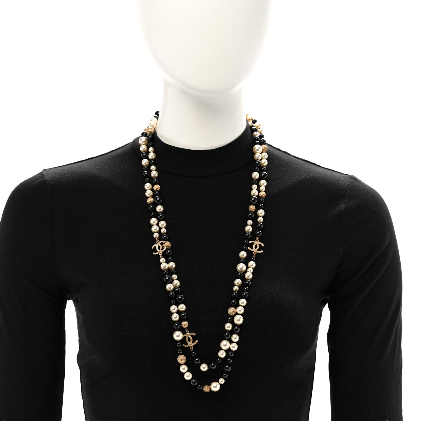 Metal Pearl Beaded Textured CC Long Necklace Gold Black White