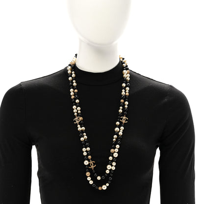 Chanel Metal Pearl Beaded Textured CC Long Necklace Gold Black White 2 of 6