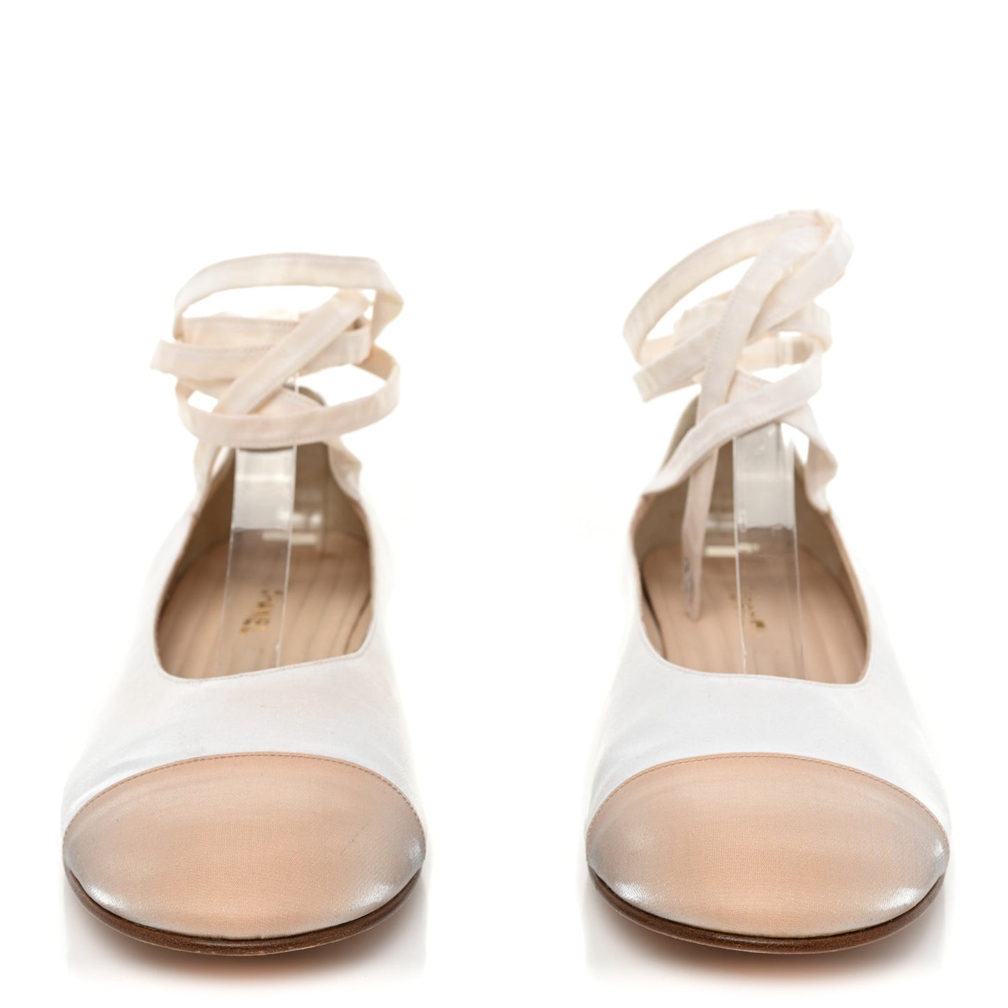 Satin Cap Toe Ballerina Ankle Wrap Flats 40 White Beige