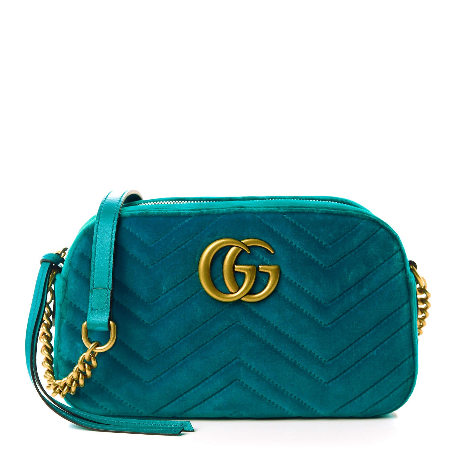 Gucci Velvet Matelasse Small GG Marmont Chain Shoulder Bag Pavone Cyan 1 of 10