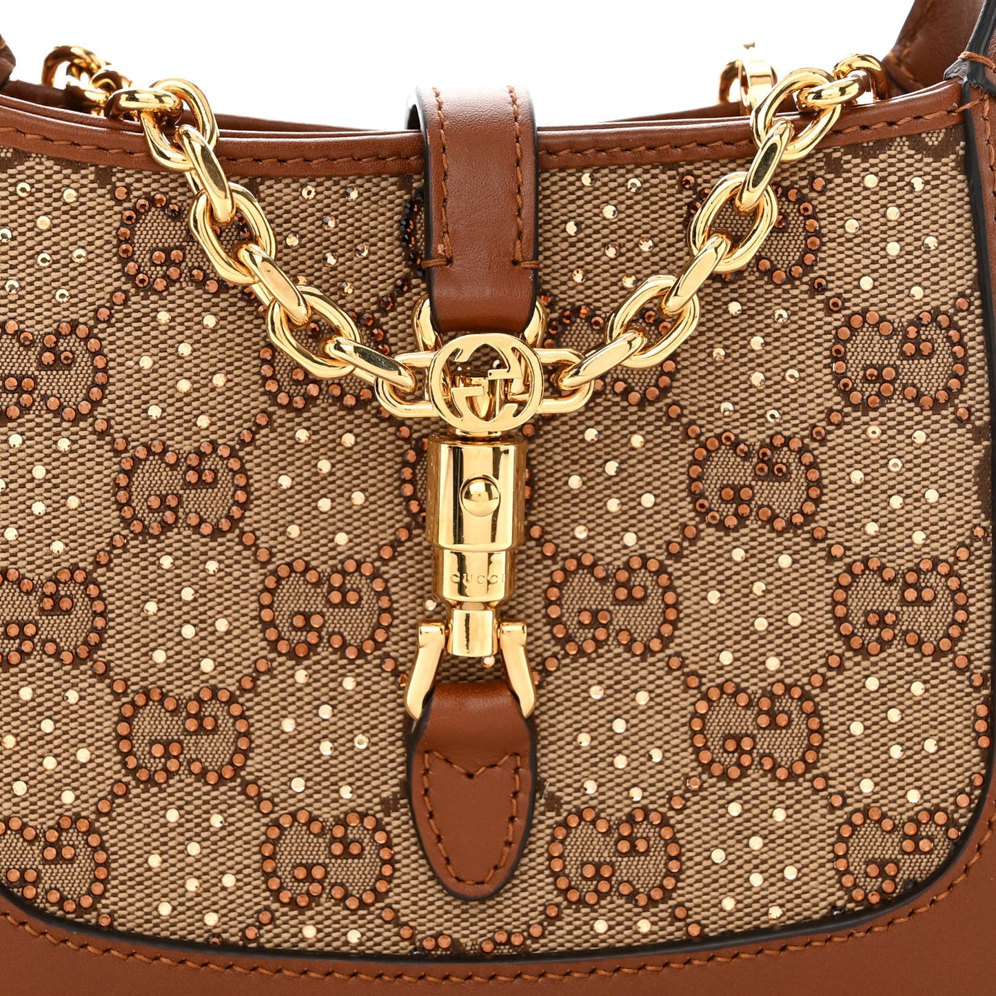 New Canvas Charisma Calfskin Crystal GG Monogram Mini Jackie 1961 Hobo Camel Ebony