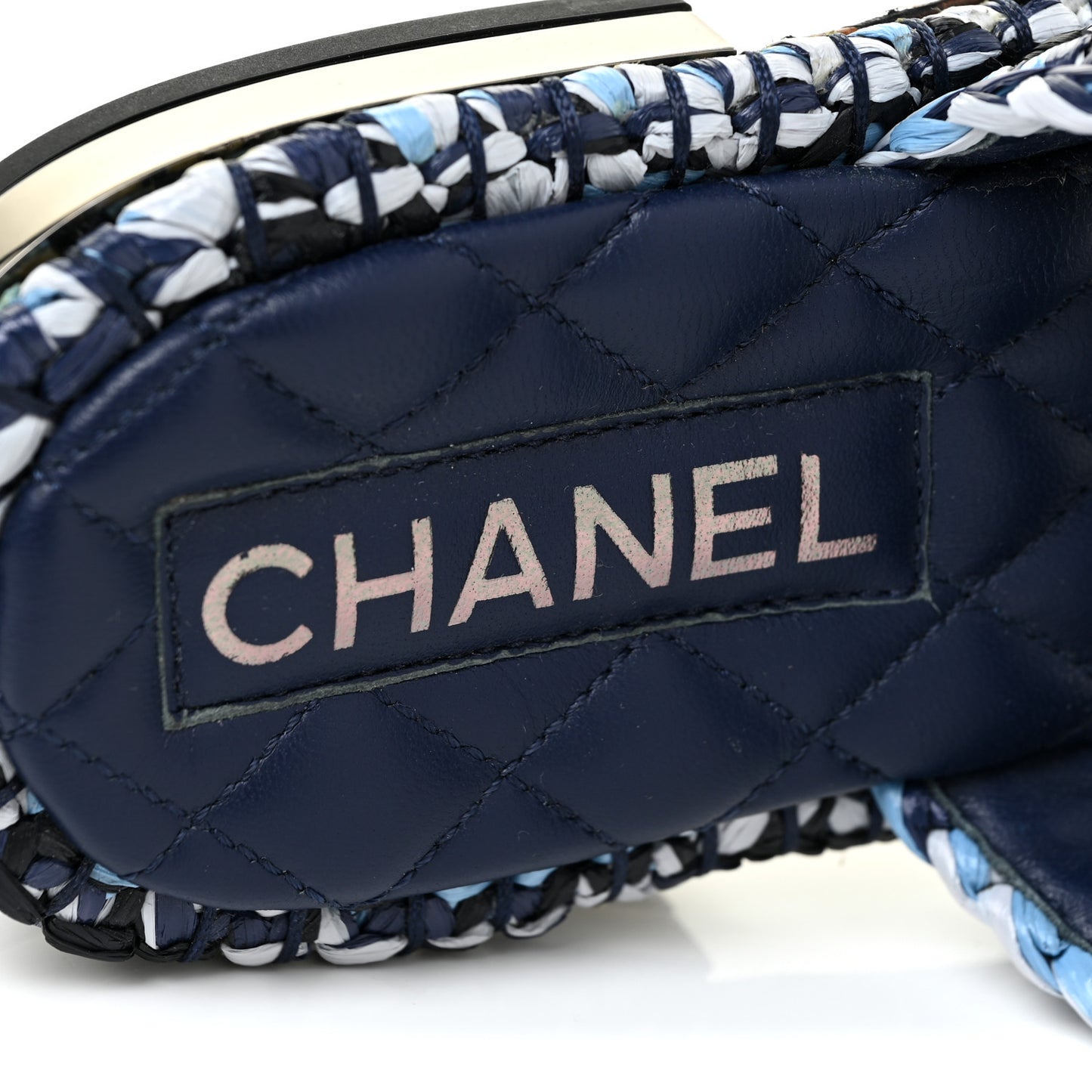 Raffia Lambskin Woven Chain CC Toe Ring Sandals 38.5 Blue White Navy