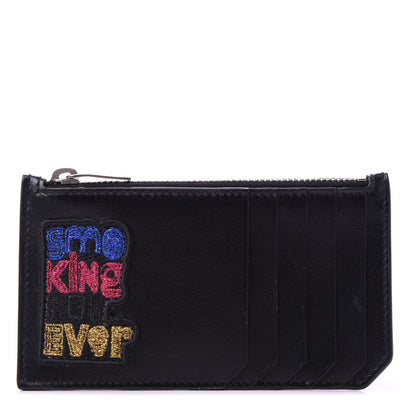 Saint Laurent Calfskin Smoking Forever Patch Fragments Zip Pouch Card Holder Black 1 of 7