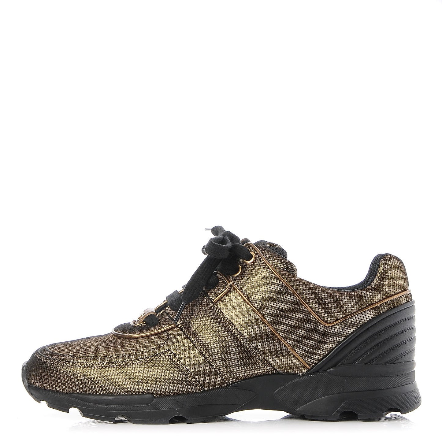 Metallic Fabric Calfskin Womens CC Sneakers 40.5 Golden Brown