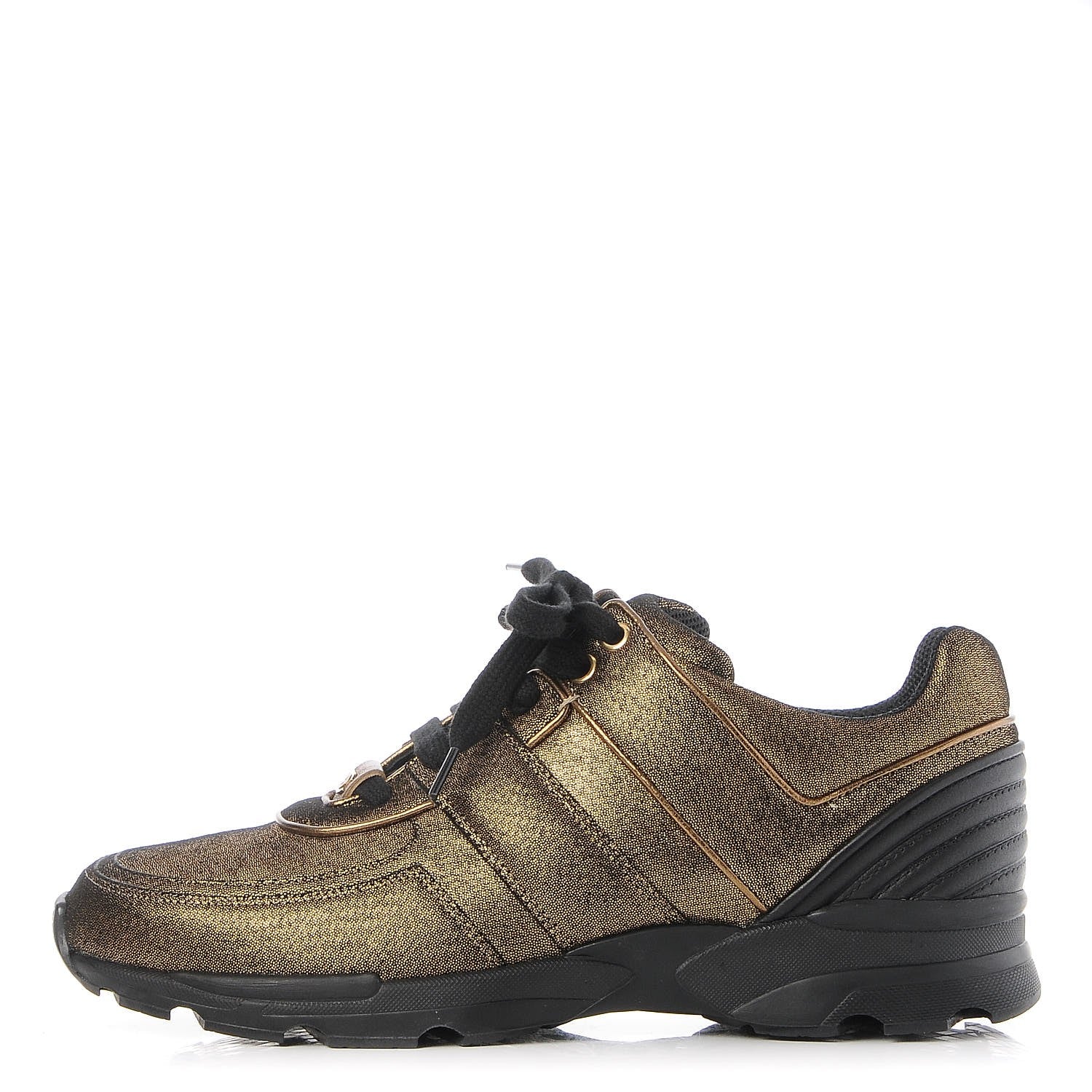 Chanel Metallic Fabric Calfskin Womens CC Sneakers 40.5 Golden Brown 1 of 9