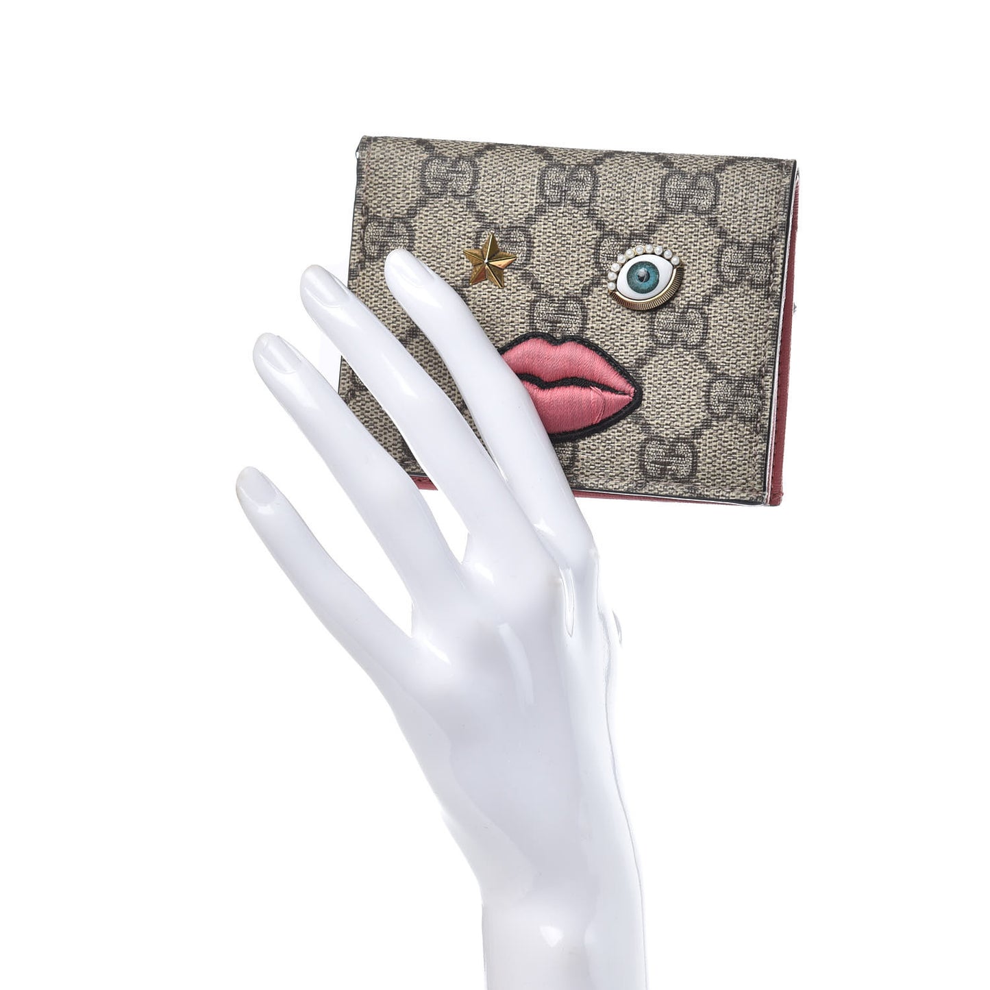 GG Supreme Monogram Face Embroidered Card Case Wallet Pink
