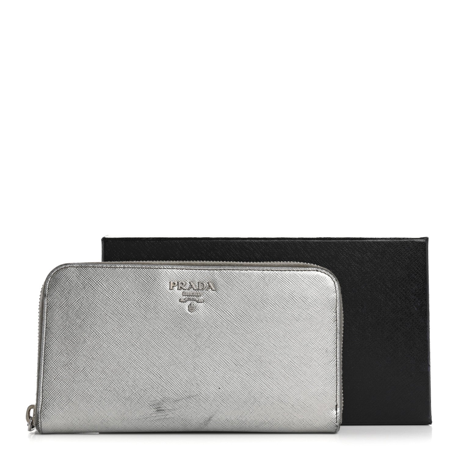 Prada Saffiano Metal Zip Around Wallet Argento 1723667 – FASHIONPHILE