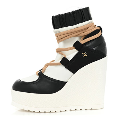 Chanel Patent Calfskin Runway Wedge Short Platform Boots 36.5 Black White Beige 1 of 11