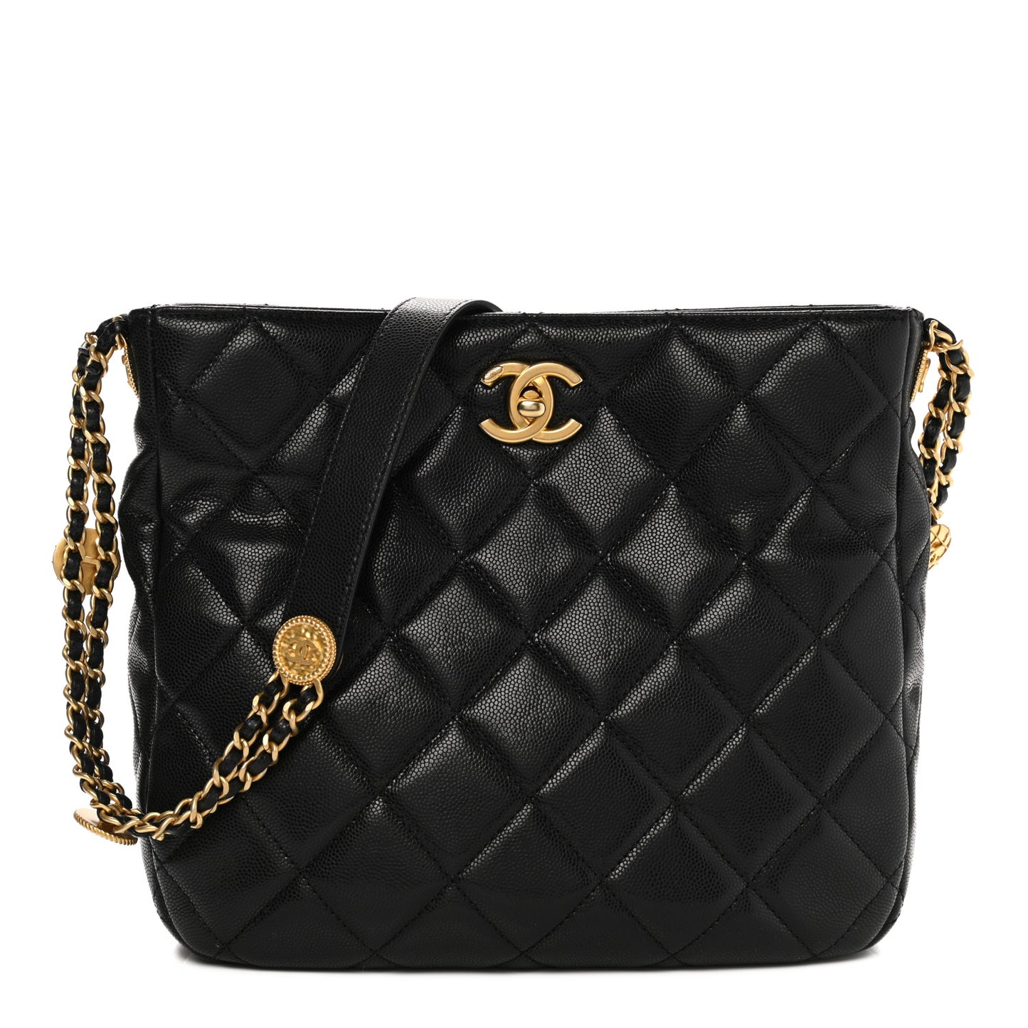 Caviar Quilted Twist Your Buttons Hobo Black