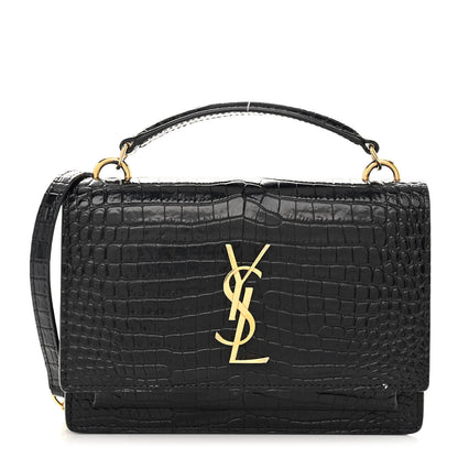 Saint Laurent Calfskin Crocodile Embossed Monogram Sunset Top Handle Chain Wallet Black 1 of 11