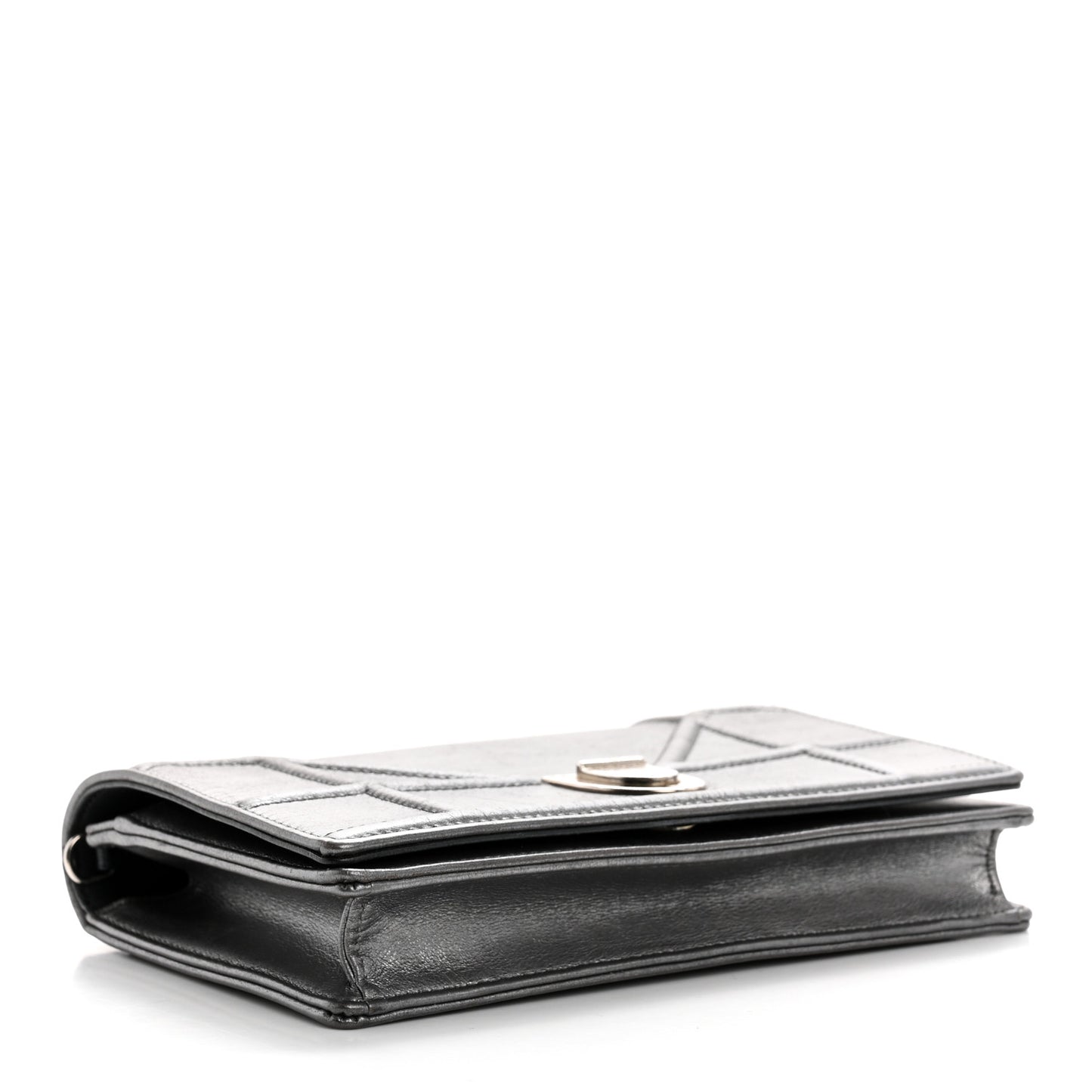 Metallic Grained Calfskin Diorama Wallet on Chain Pouch Gunmetal Grey