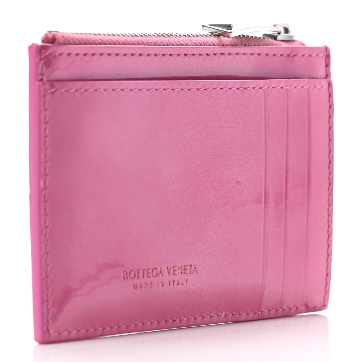 Metallic Patent Calfskin Intrecciato Zip Card Holder Pink