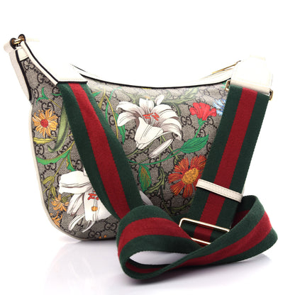 Gucci GG Supreme Monogram Flora Web Small Ophidia Half Moon Hobo White 3 of 11