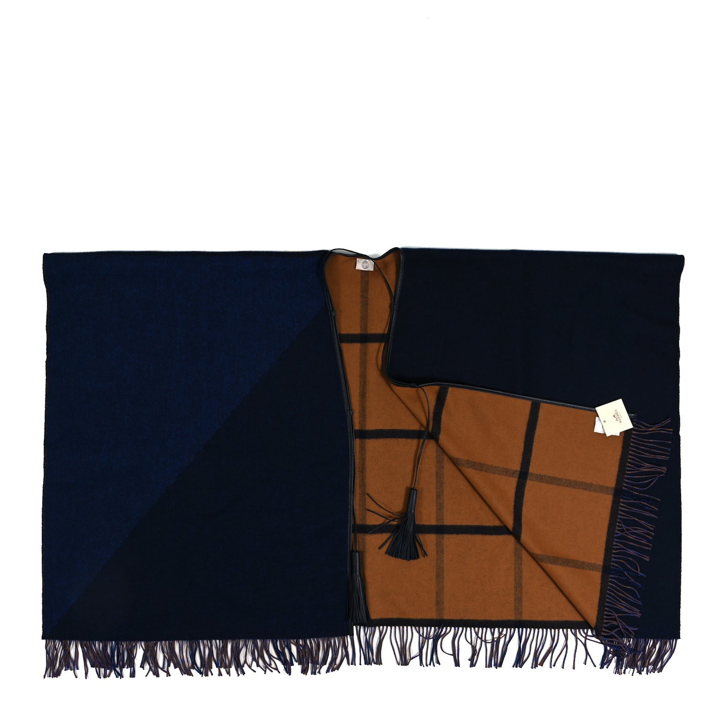 Wool Calfskin Reversible Highlands Poncho Navy Royal Fauve