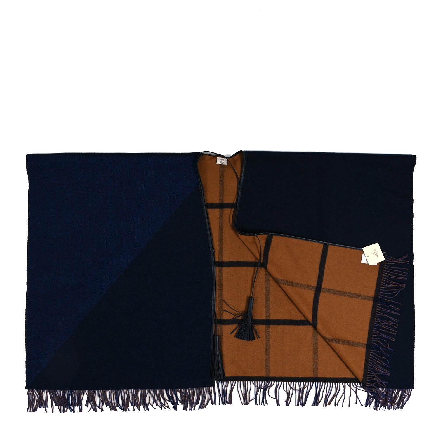 Hermes Wool Calfskin Reversible Highlands Poncho Navy Royal Fauve 2 of 4