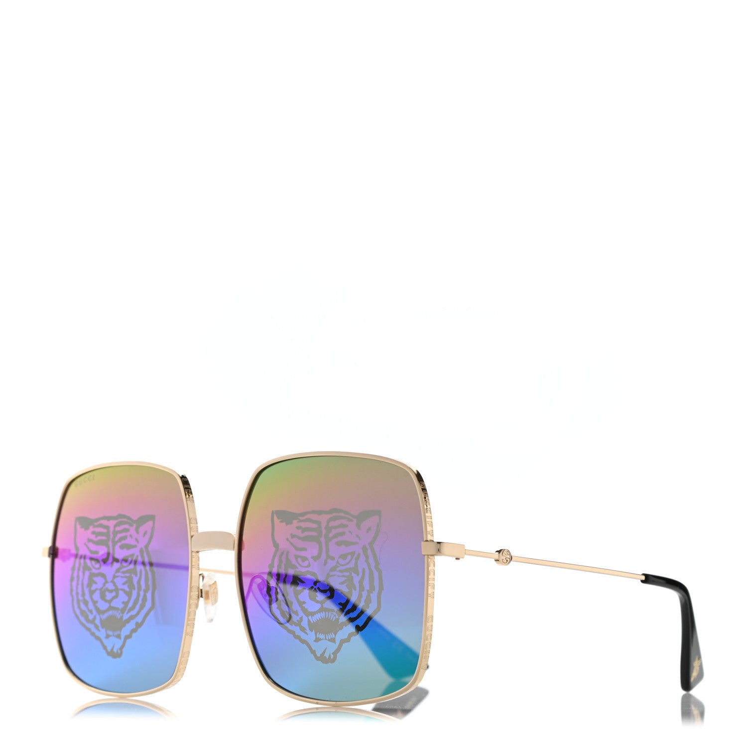 Gucci Metal Rectangular Frame Tiger Print Sunglasses GG0414S Gold 1 of 8