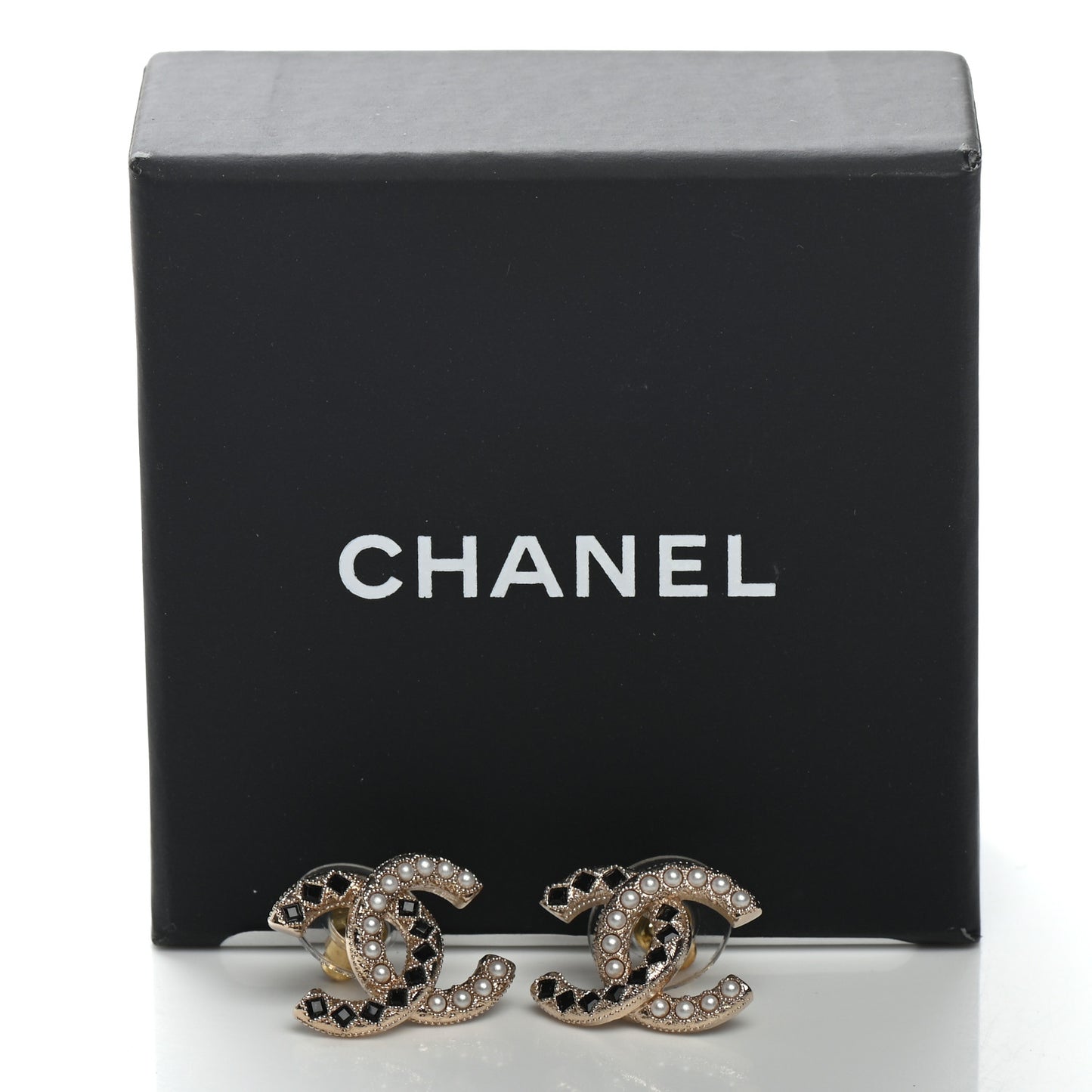 Resin Pearl CC Earrings Gold Black