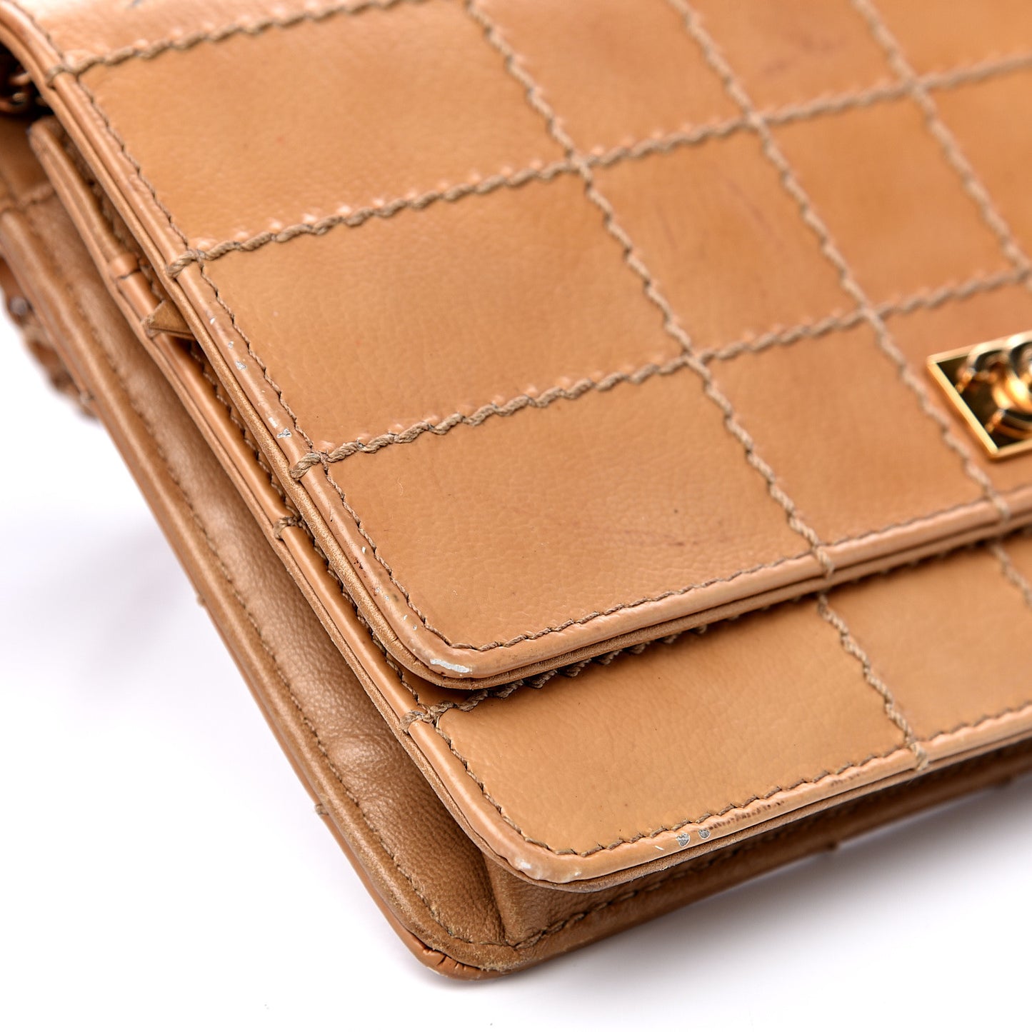 Calfskin Stitched Square Quilted Wallet On Chain WOC Beige