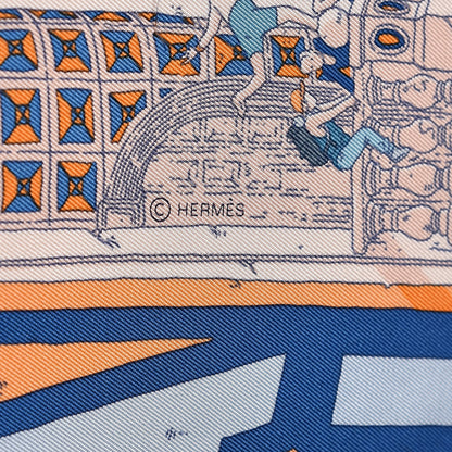 Hermes Silk Le Grand Prix du Faubourg Scarf 90 Orange Bleu White 4 of 4