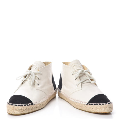 Chanel Lambskin Canvas Cap Toe Lace Up Espadrilles 38 White Black 6 of 12