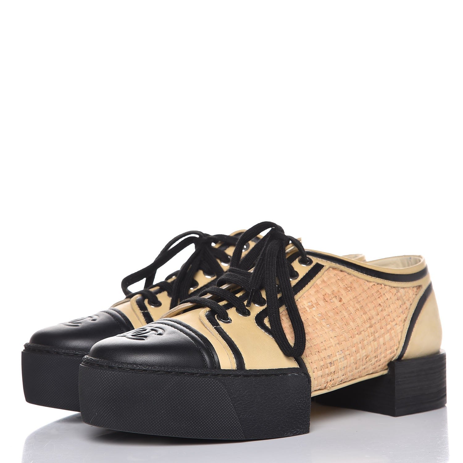 Chanel Straw Calfskin Lace Up Sneakers 39.5 Beige Black 2 of 9