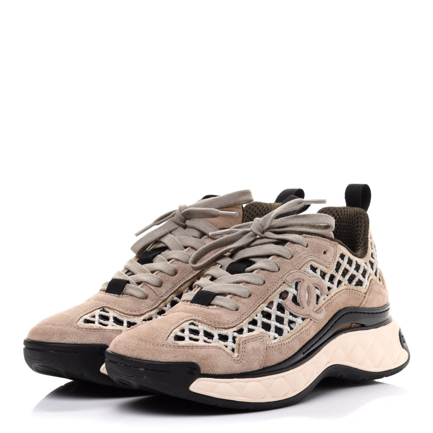 Suede Calfskin Embroidered CC Sneakers 38 Beige Black