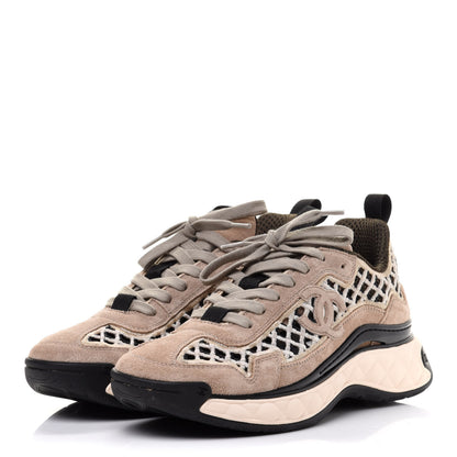 Chanel Suede Calfskin Embroidered CC Sneakers 38 Beige Black 3 of 9