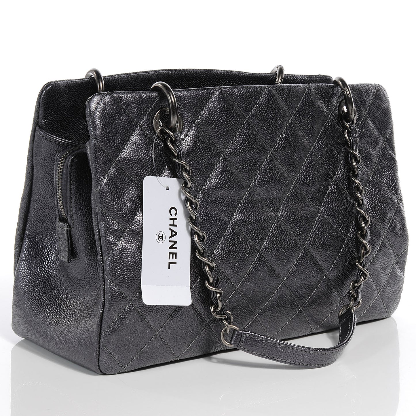 Caviar Timeless CC Large Zip Shopping Tote Dark Silver