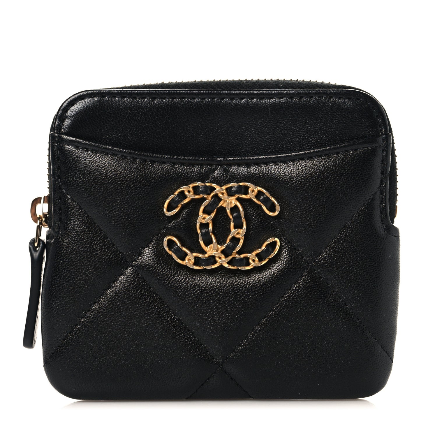 Lambskin Quilted Chanel 19 Zip Card Holder Wallet Black