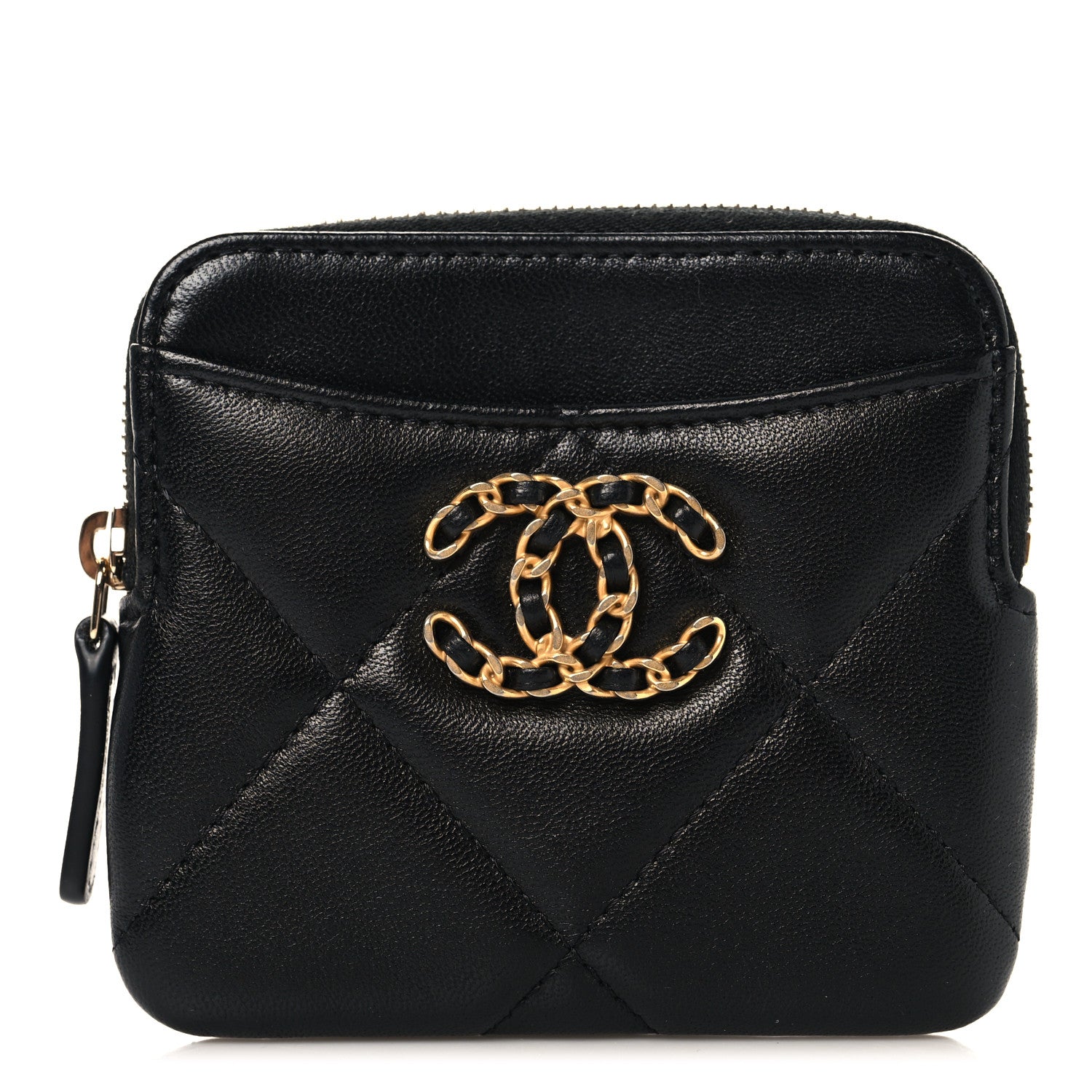 Chanel Lambskin Quilted Chanel 19 Zip Card Holder Wallet Black 1 of 8