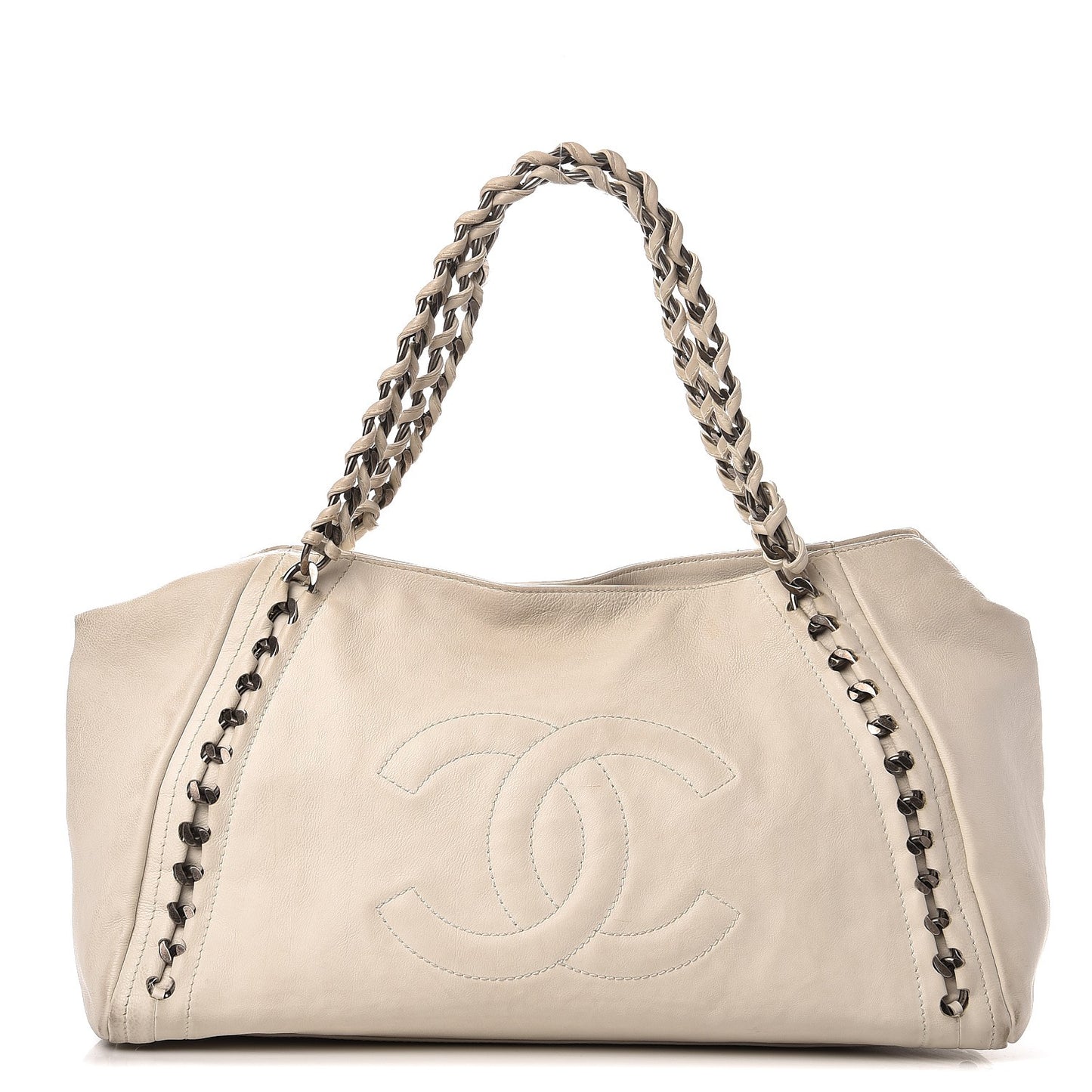 Calfskin Large East West Modern Chain Tote White