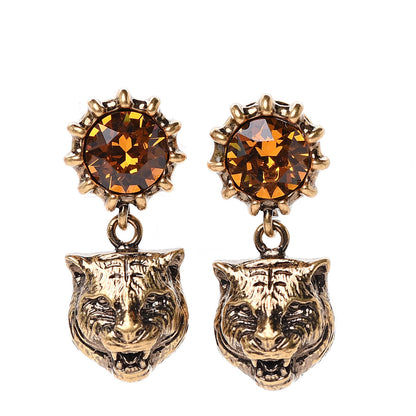 Gucci Metal Crystal Feline Earrings Aged Gold 1 of 6