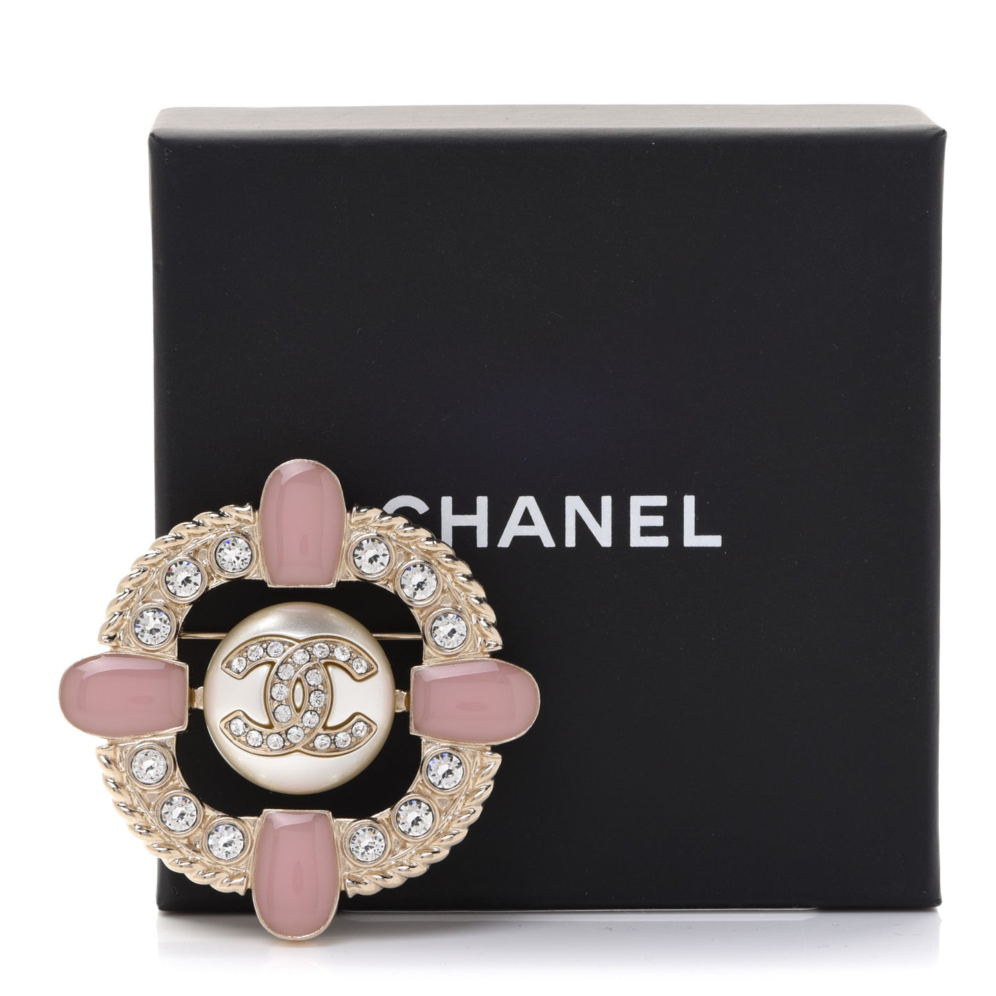 Crystal Pearl Enamel CC Brooch Gold Pink