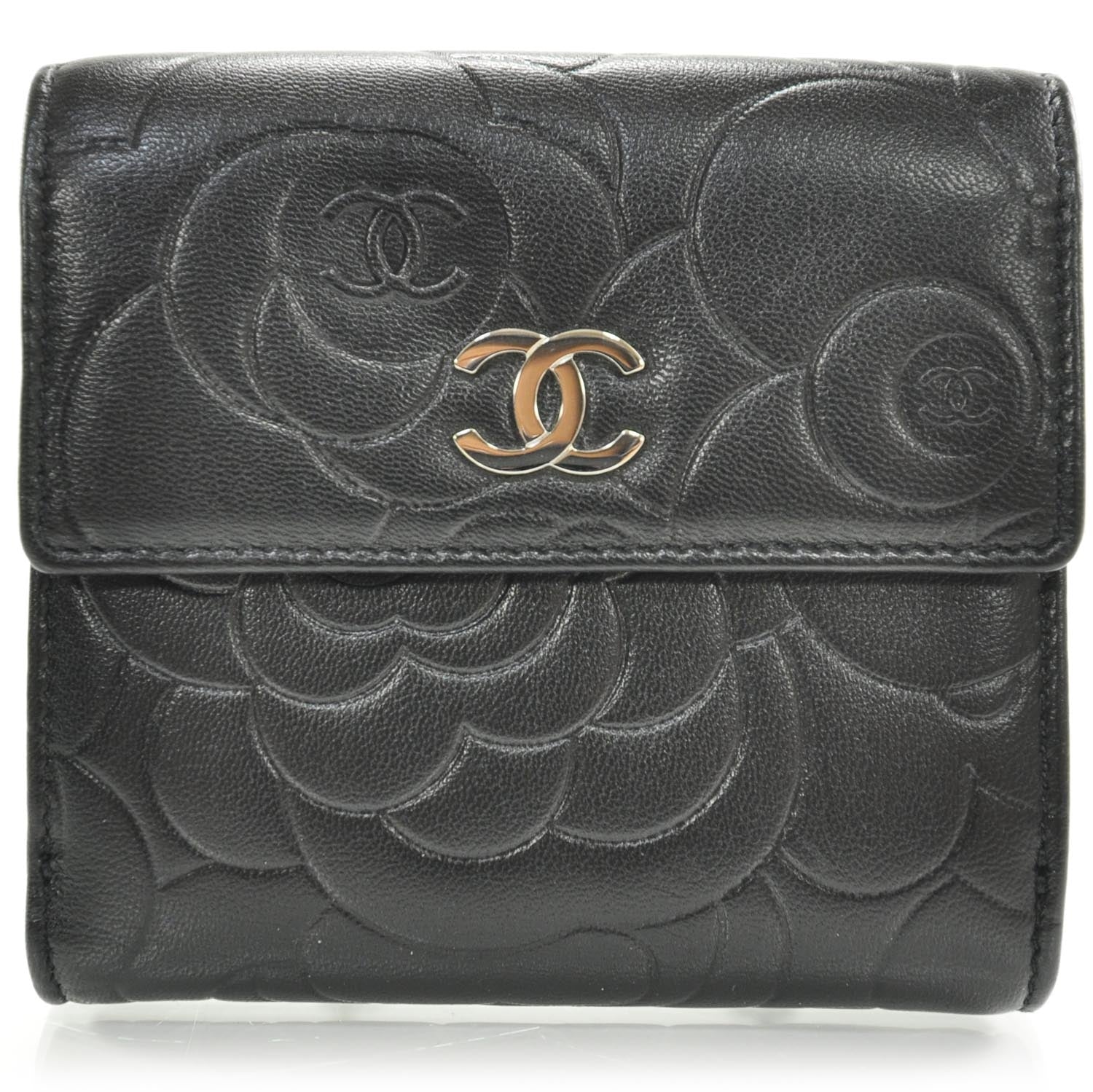 Chanel Leather Camellia Embossed Bi-Fold Wallet Black 1 of 10