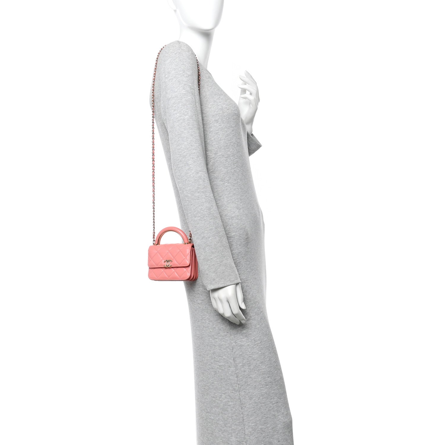 Chanel Lambskin Quilted Top Handle Flap Clutch With Chain Pink 2 of 13