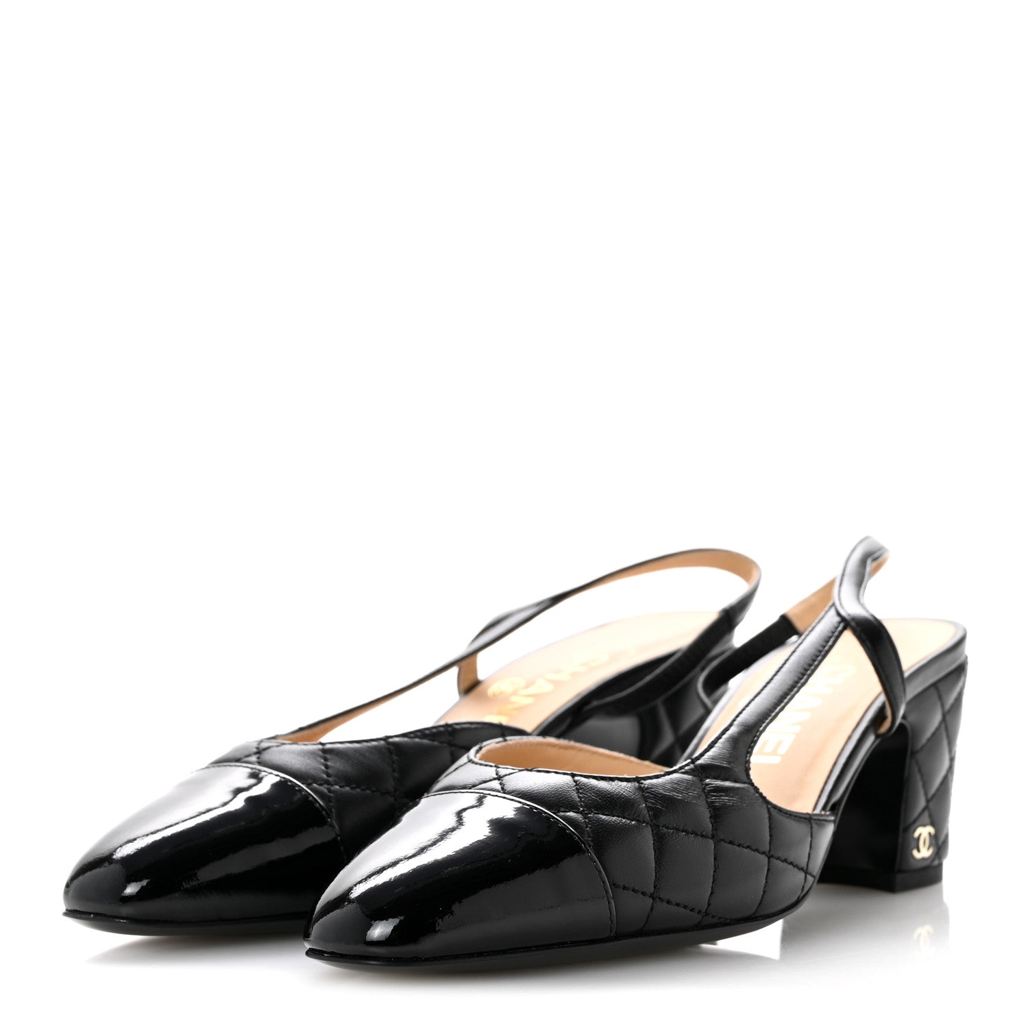 Chanel Lambskin Patent Calfskin Quilted Cap Toe CC Slingback Pumps 35.5 Black 4 of 10