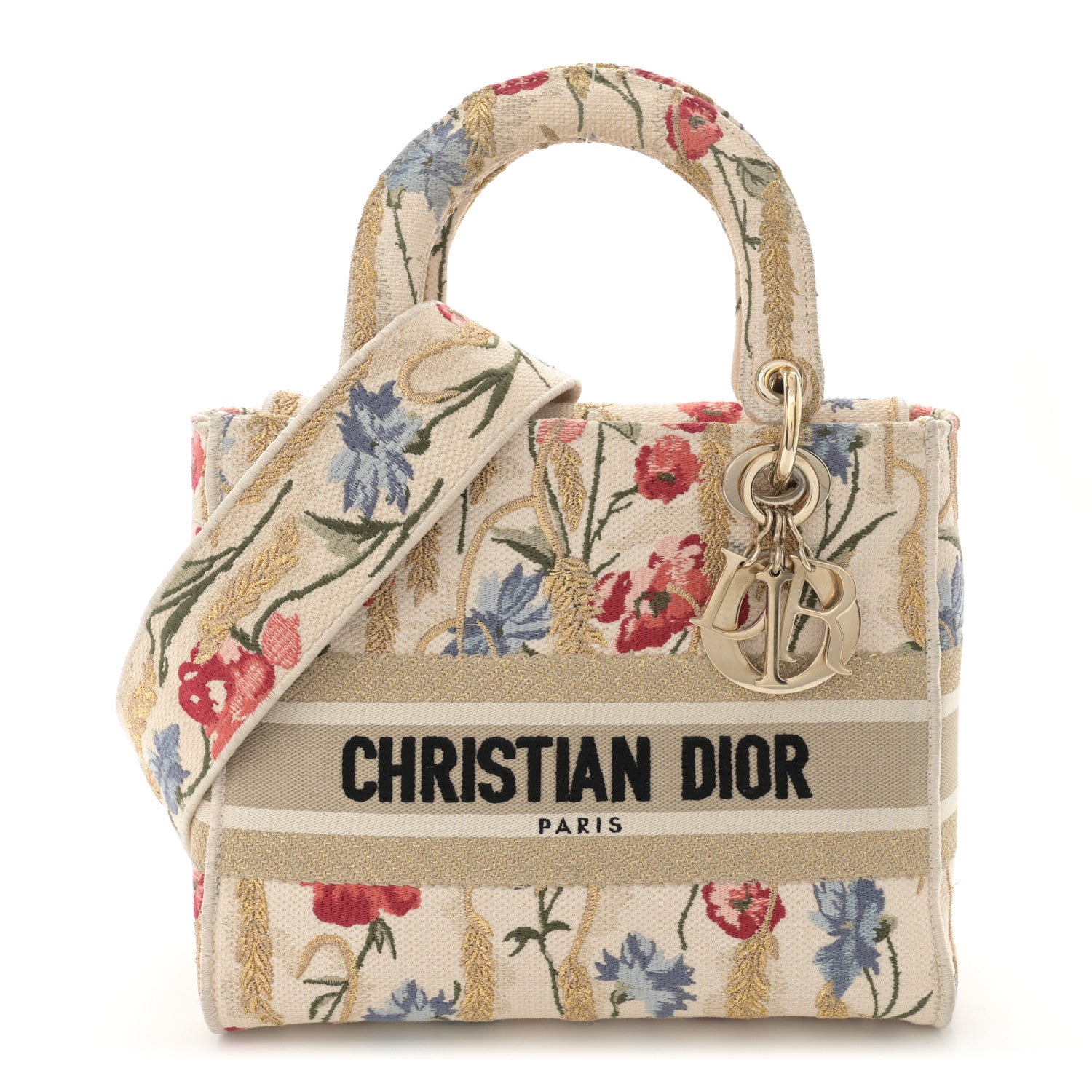 Christian Dior Canvas Embroidered Hibiscus Printed Medium Lady D-Lite Beige Multicolor 1 of 13