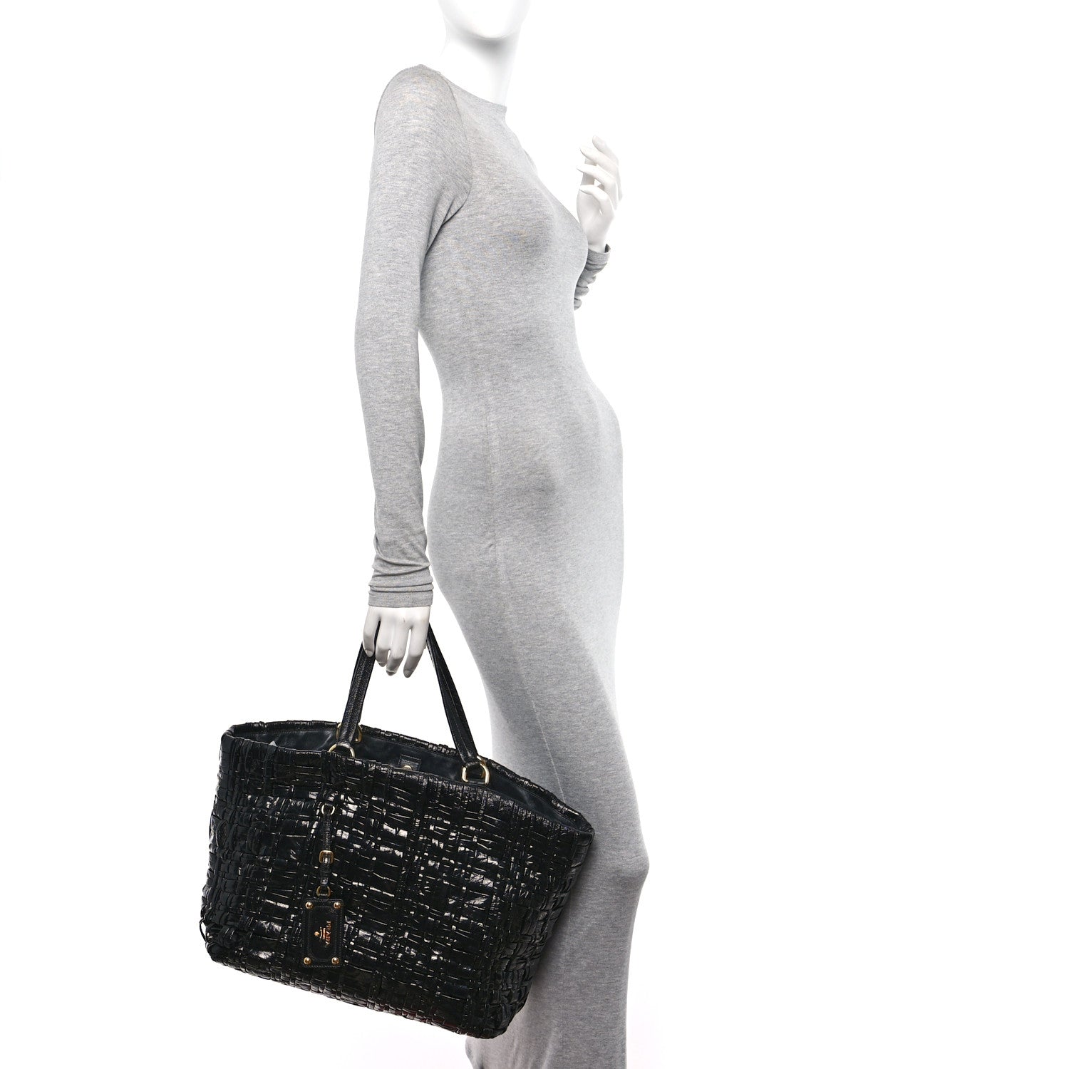 Prada Patent Woven Tote Black 2 of 12