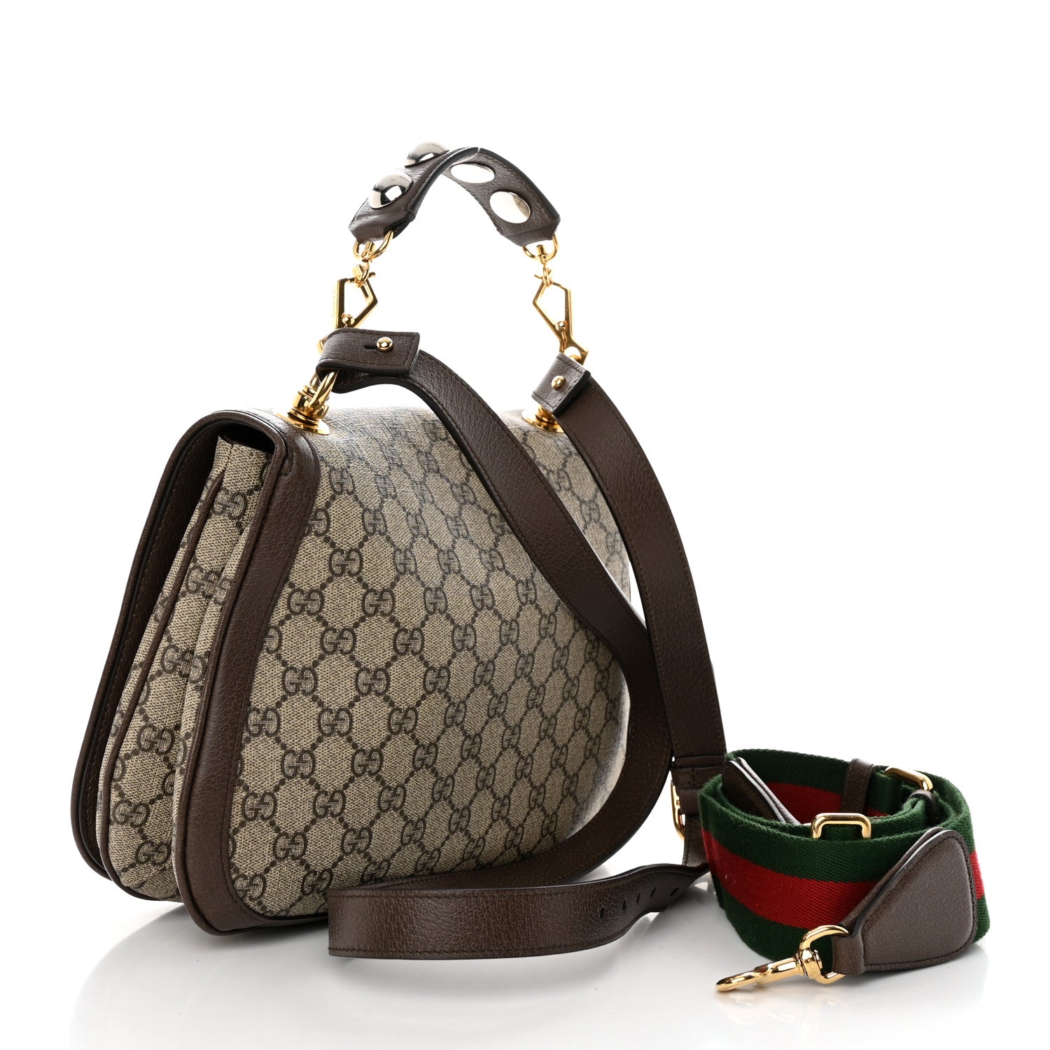Gucci GG Supreme Monogram Textured Dollar Calfskin Web Medium Blondie Top Handle Shoulder Flap Bag Beige Ebony New Acero 3 of 15