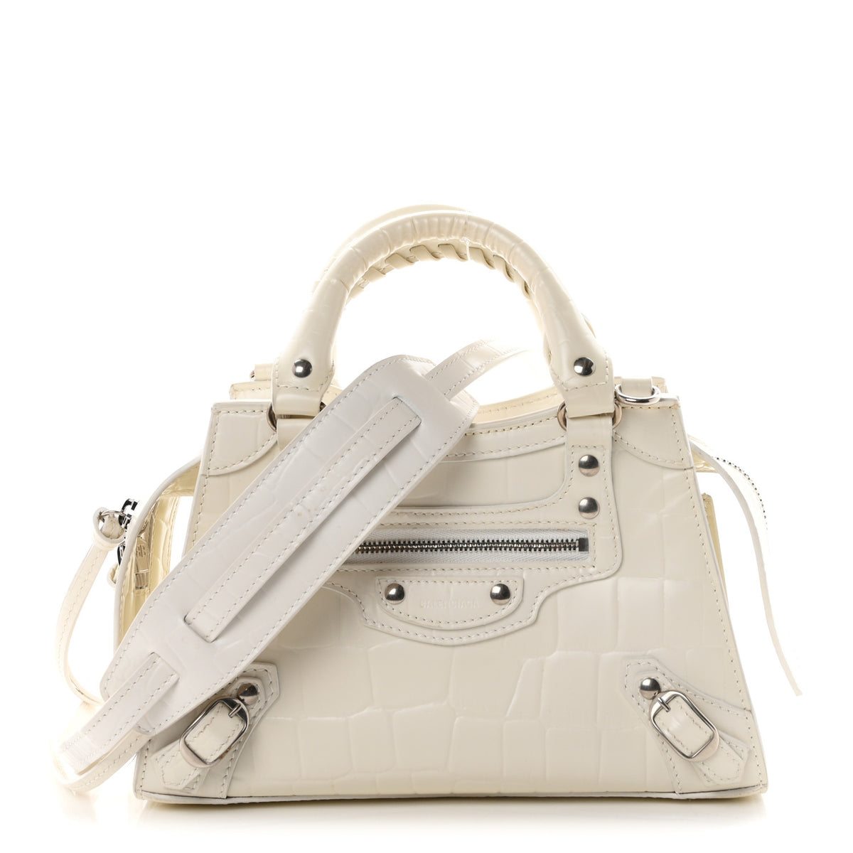 Balenciaga Semi Shiny Calfskin Crocodile Embossed Neo Classic Silver Hardware Mini City White 1 of 9