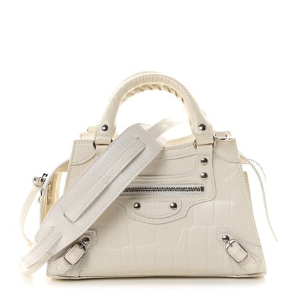 Balenciaga Semi Shiny Calfskin Crocodile Embossed Neo Classic Silver Hardware Mini City White 1 of 9