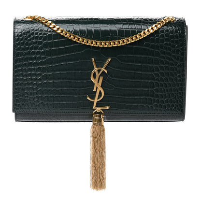 Saint Laurent Calfskin Crocodile Embossed Medium Classic Monogram Kate Tassel Satchel Dark Green 1 of 10