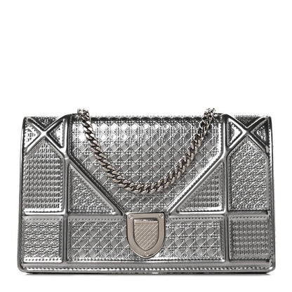 Christian Dior Metallic Patent Micro-Cannage Diorama Wallet on Chain Pouch Silver 1 of 8